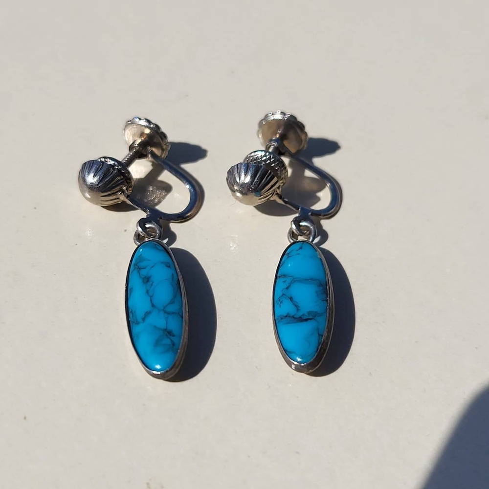 Vintage Sterling Silver Turquoise Dangle Earrings Blue Screw Back Oval Stone